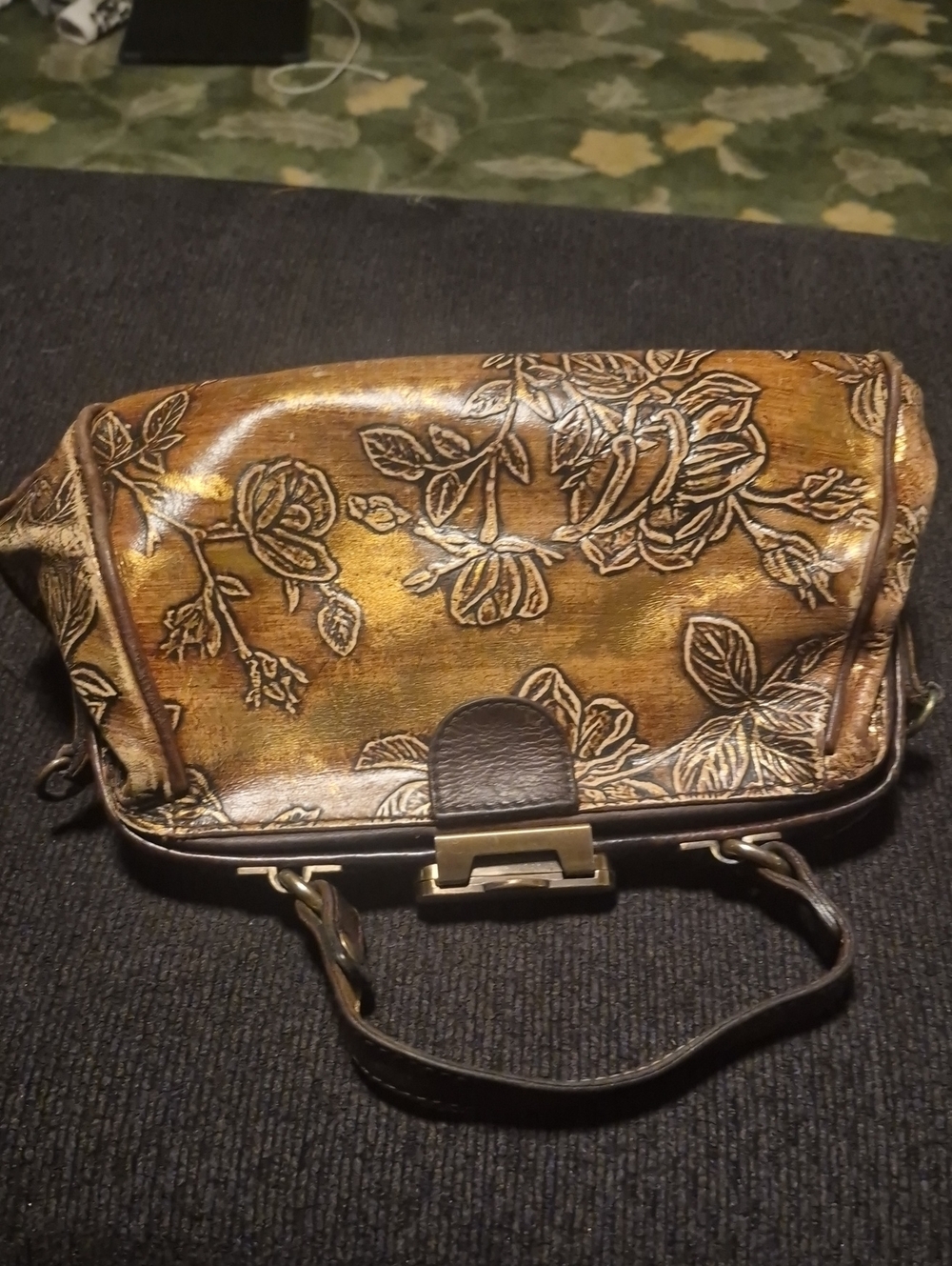 Patricia Nash Gold Floral Embossed Crossbody Bag with Brown Trim